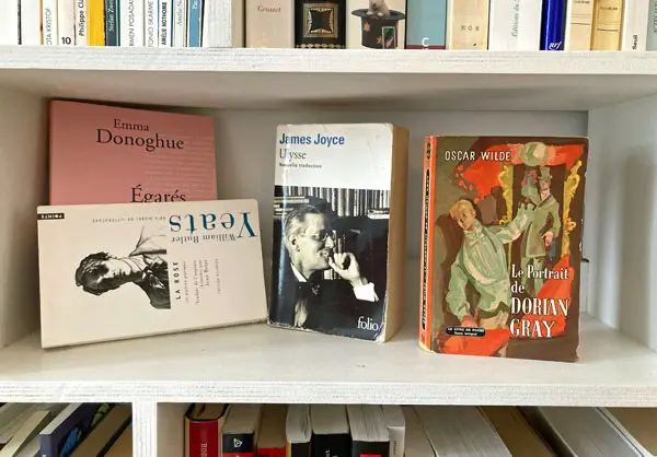 Trois romans irlandais et un recueil de W. B. Yeats dans une bibliothèque personnelle.